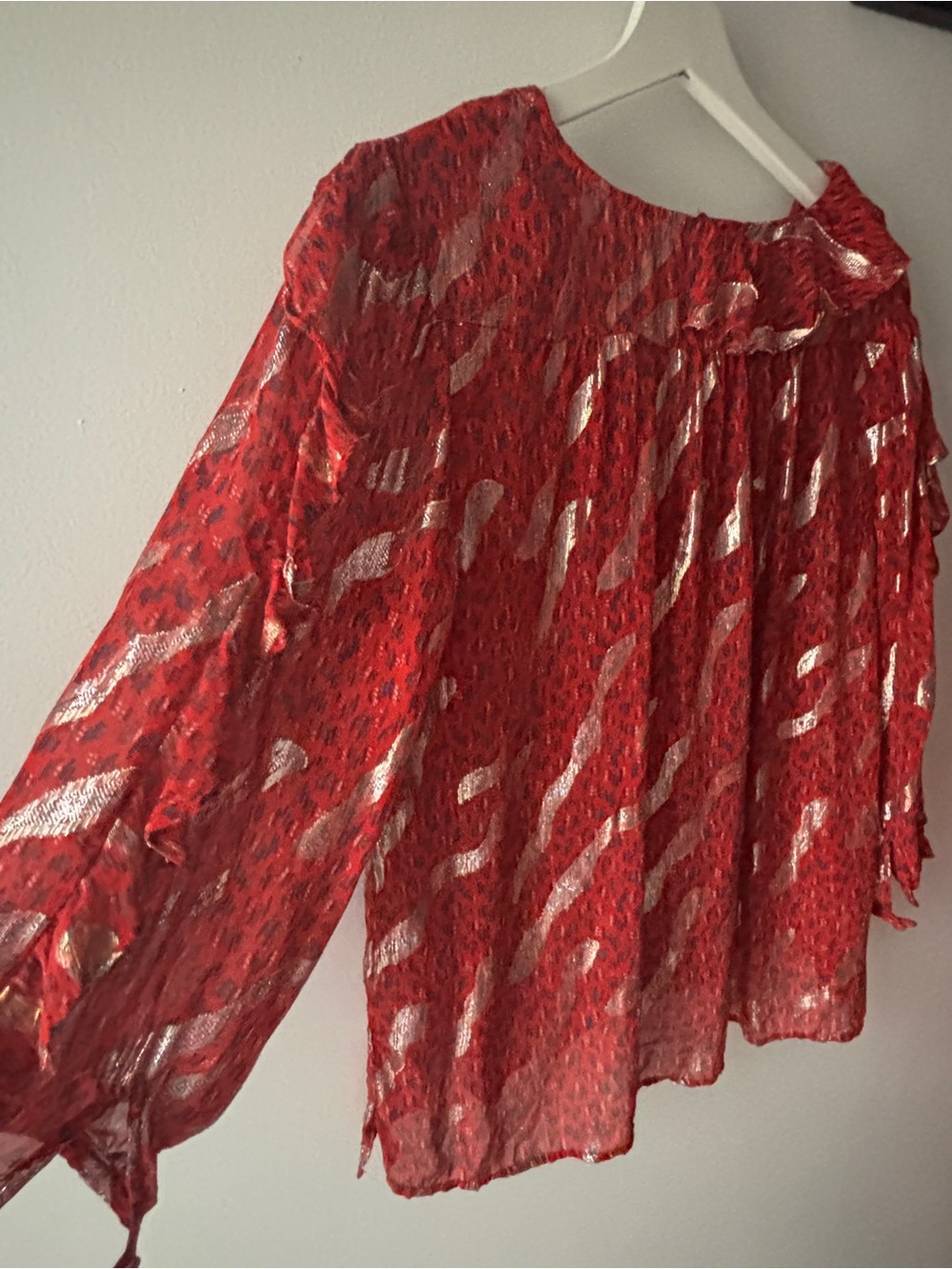 ba&sh Red Metallic Patterned Ruffle Blouse - Picture 4 of 5